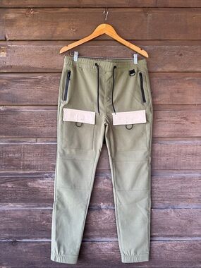 Men's ROCK SALT Olive Green Cargo Joggers with Tan Flap Pockets